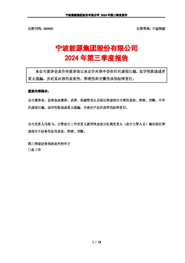 宁波能源:宁波能源2024年第三季度报告