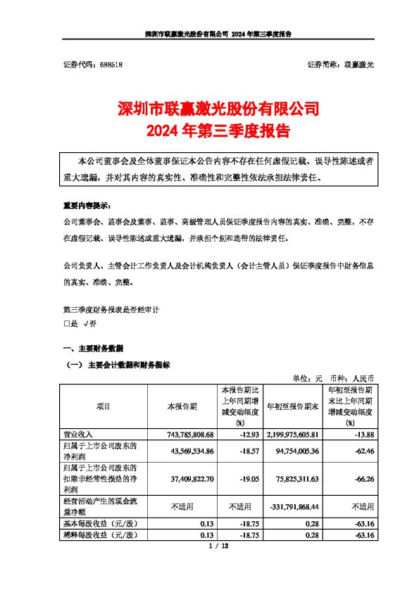 联赢激光:深圳市联赢激光股份有限公司2024年第三季度报告