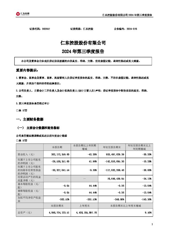 仁东控股:2024年三季度报告