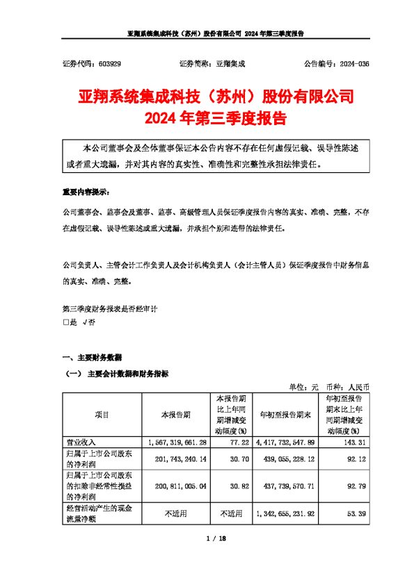 亚翔集成:亚翔集成-公司2024年第三季度报告