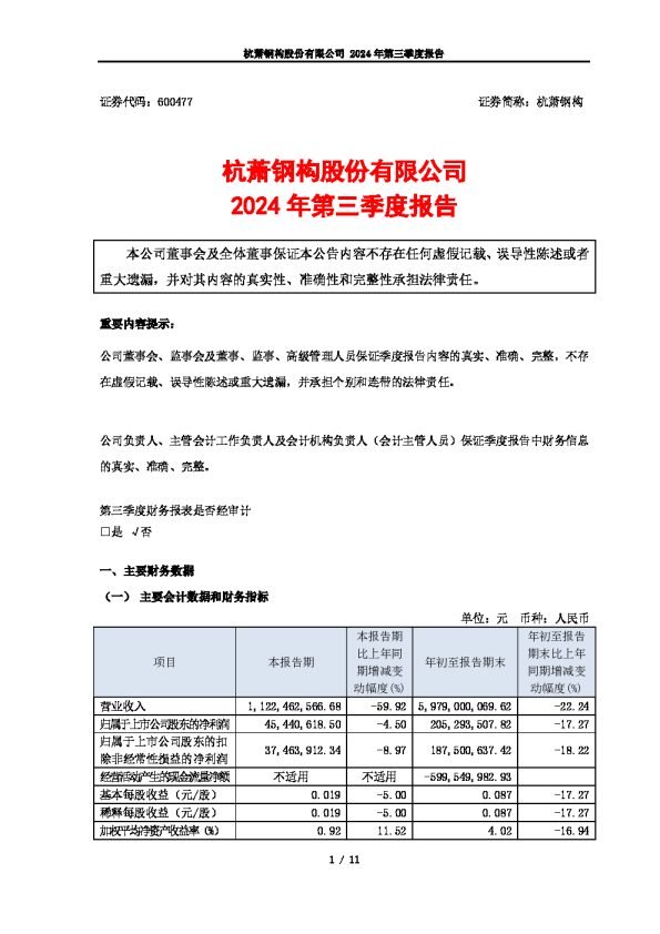 杭萧钢构:杭萧钢构股份有限公司2024年第三季度报告