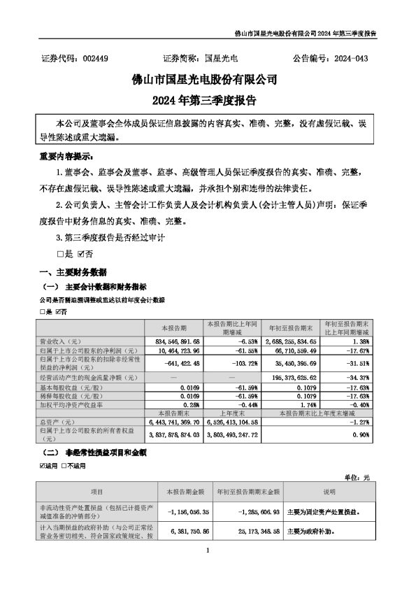 国星光电:2024年三季度报告