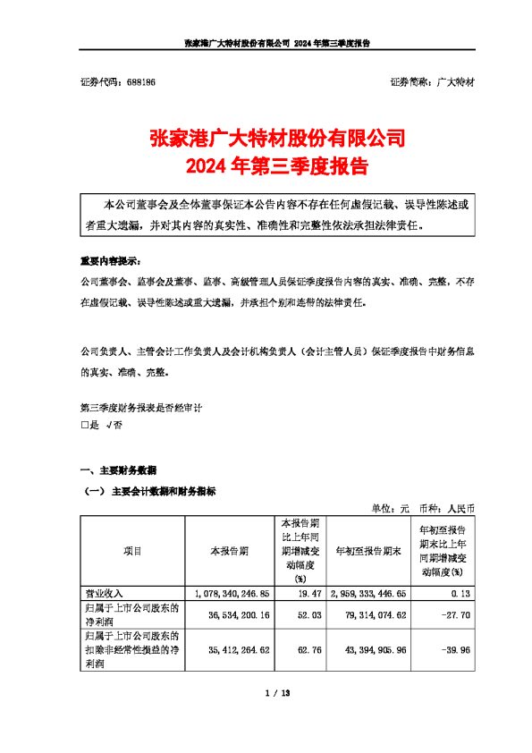 广大特材:2024年第三季度报告