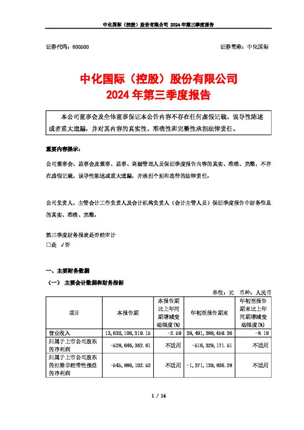 中化国际:中化国际2024年第三季度报告