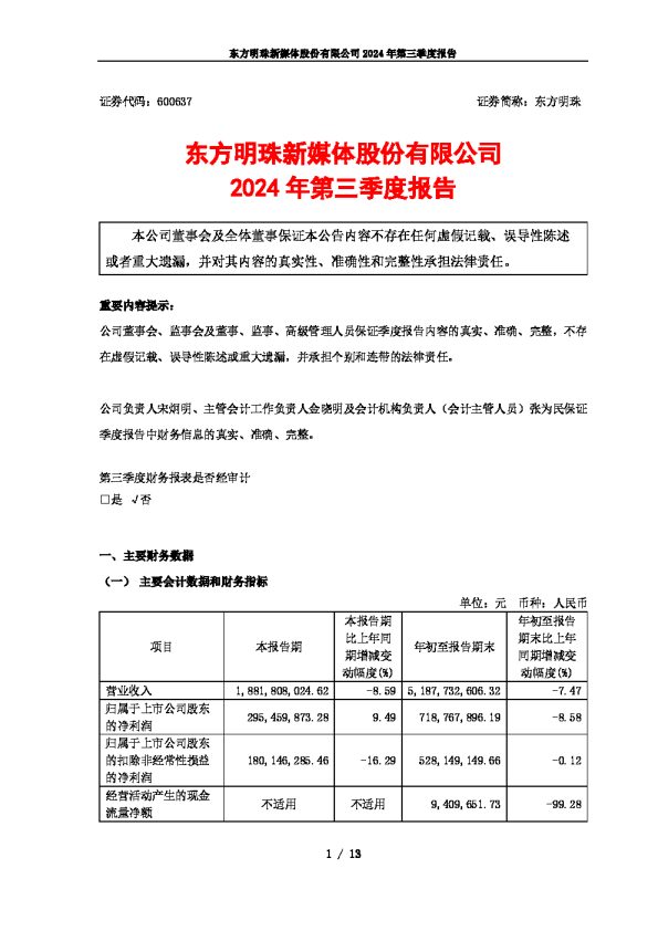 东方明珠:东方明珠2024年第三季度报告