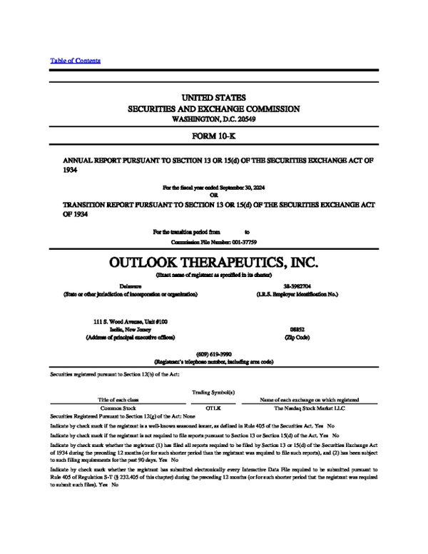 Outlook Therapeutics Inc 2023年度报告