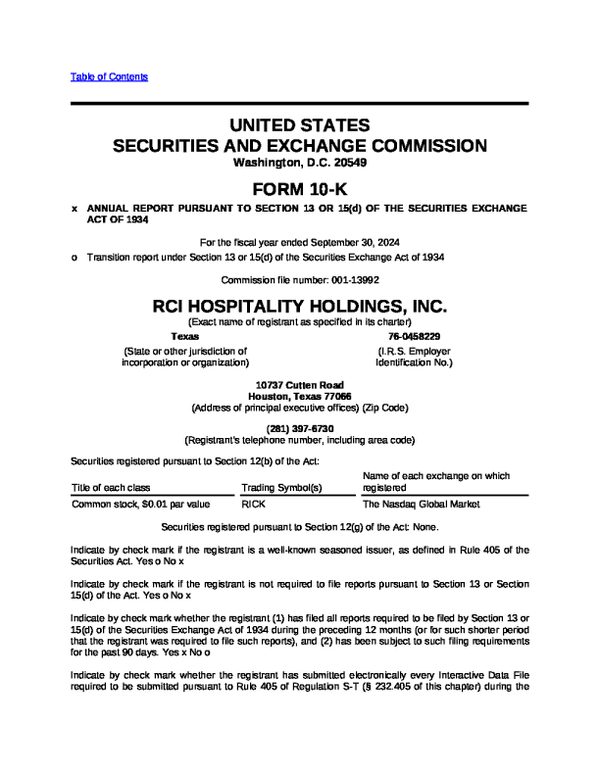 RCI Hospitality Holdings Inc 2023年度报告