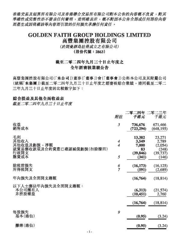截至二零二四年九月三十日止年度之全年经审核业绩公告