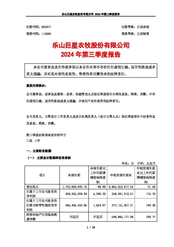 巨星农牧:乐山巨星农牧股份有限公司2024年第三季度报告