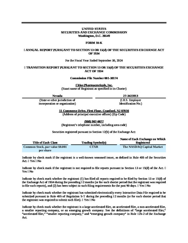 Citius Pharmaceuticals Inc 2023年度报告