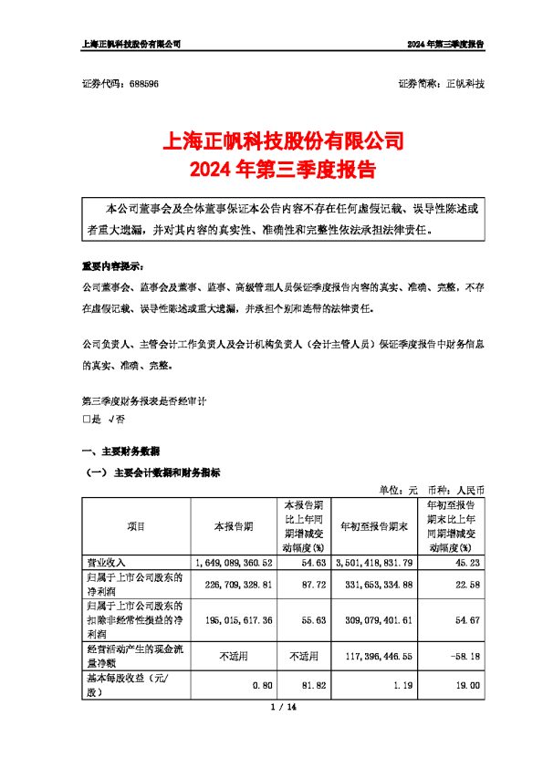 正帆科技:上海正帆科技股份有限公司2024年第三季度报告