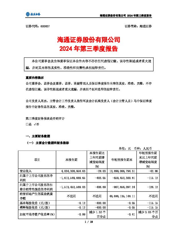 海通证券:海通证券股份有限公司2024年第三季度报告