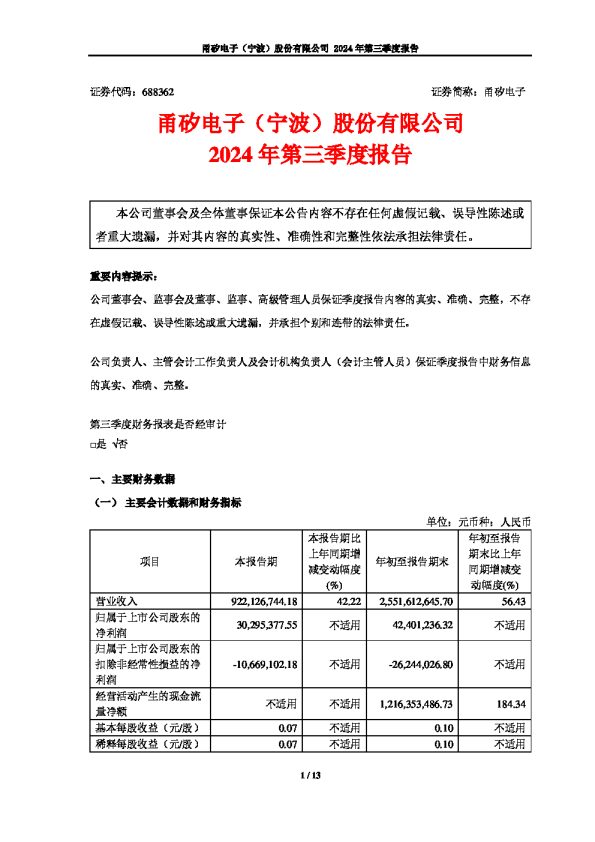 甬矽电子:2024年第三季度报告