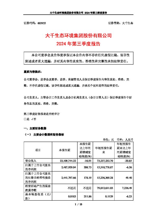 大千生态:大千生态2024年第三季度报告