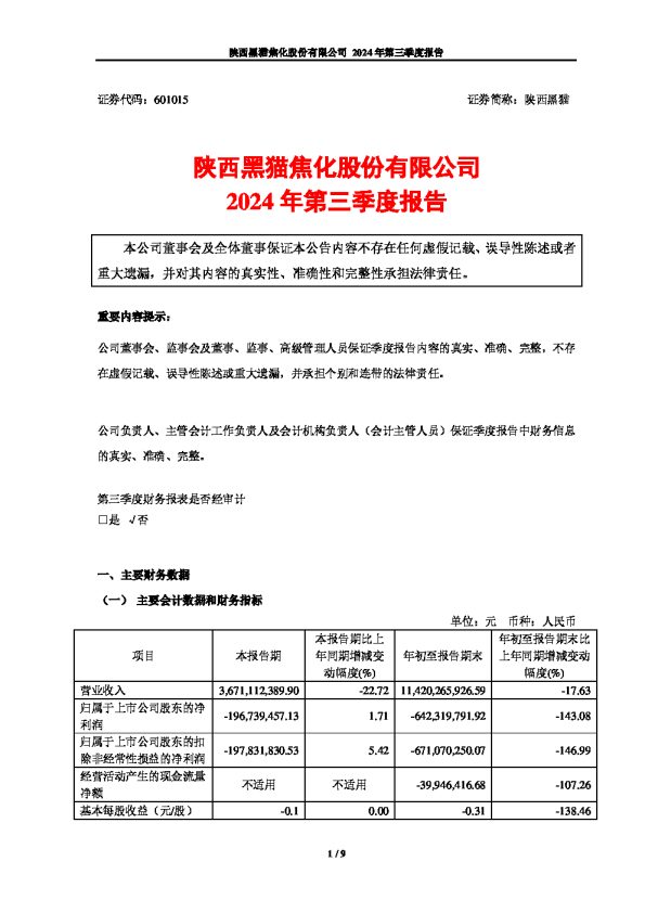 陕西黑猫:陕西黑猫:2024年第三季度报告