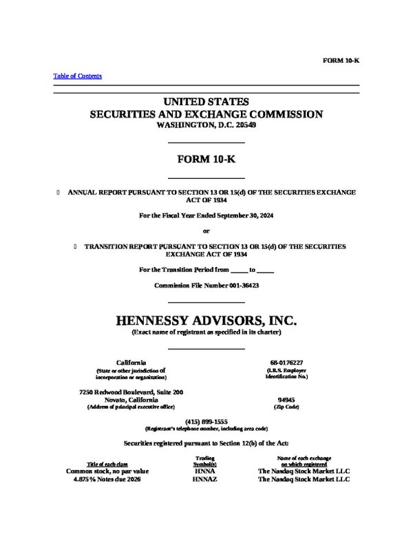 Hennessy Advisors Inc 2023 年度报告