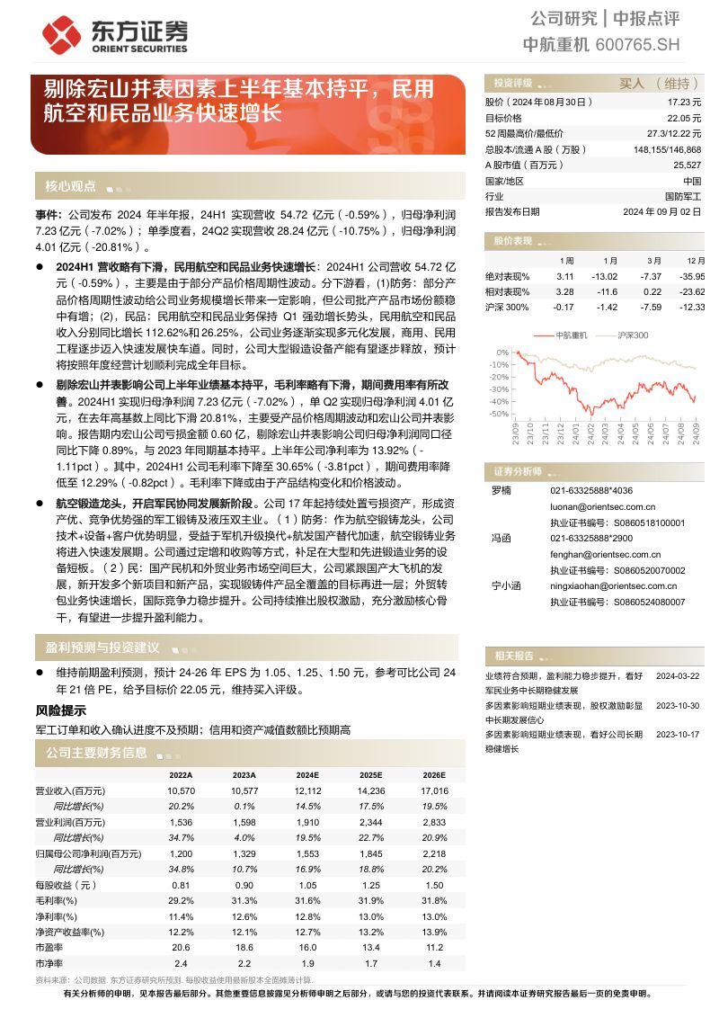 剔除宏山并表因素上半年基本持平，民用航空和民品业务快速增长