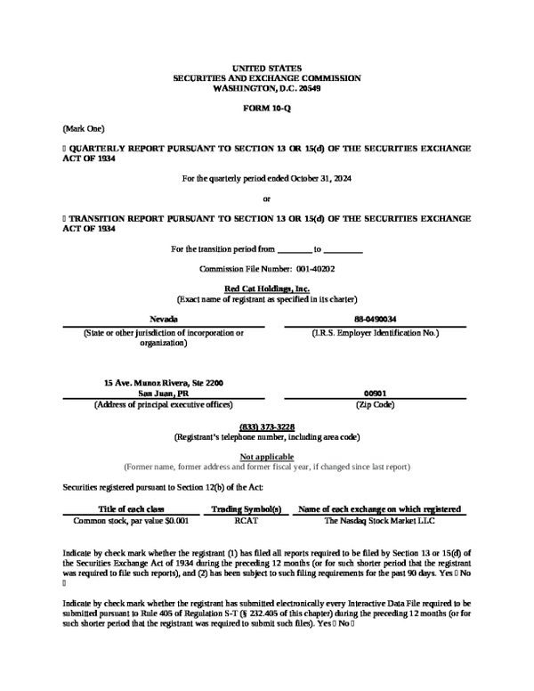 Red Cat Holdings Inc 2024 年度年度报告