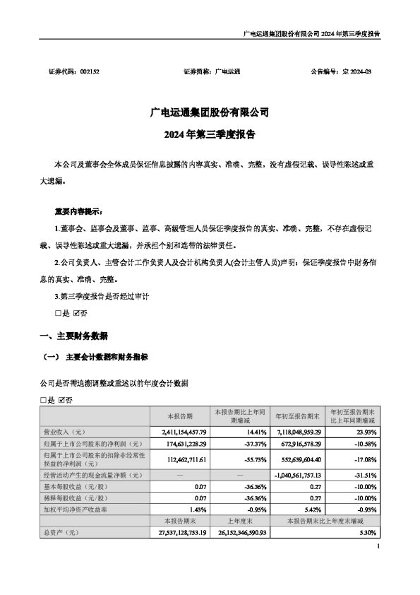 广电运通:2024年三季度报告