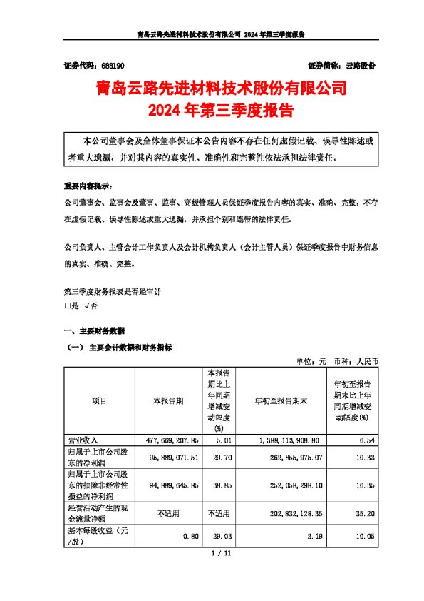 云路股份:2024年第三季度报告