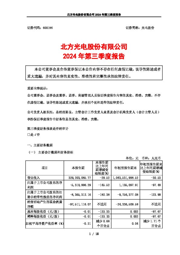 光电股份:北方光电股份有限公司2024年第三季度报告