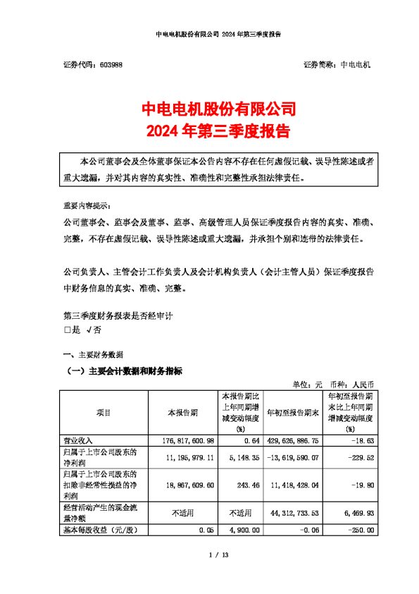 中电电机:中电电机2024年第三季度报告