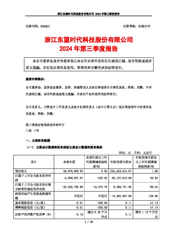 东望时代:浙江东望时代科技股份有限公司2024年第三季度报告