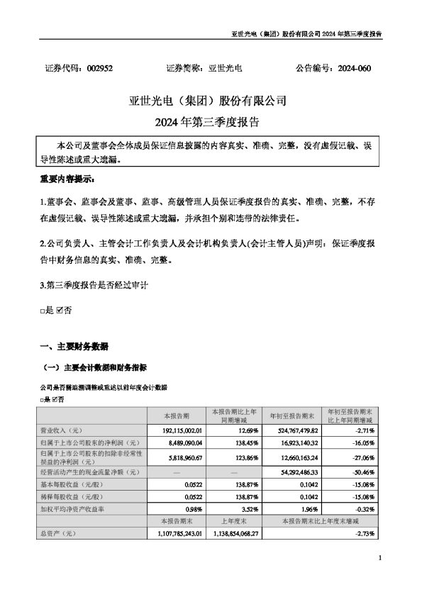亚世光电：2024年三季度报告