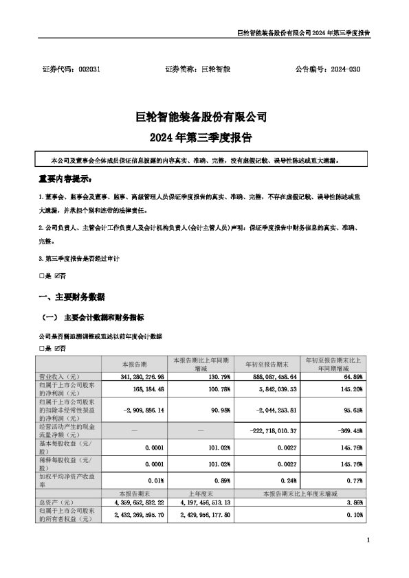 巨轮智能:2024年三季度报告