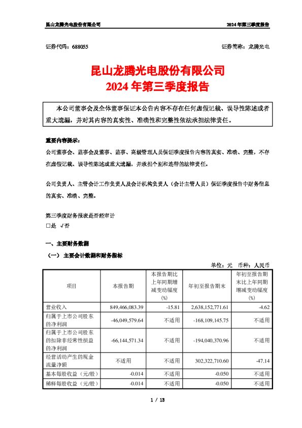 龙腾光电:龙腾光电2024年第三季度报告