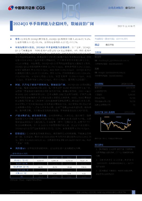 2024Q3单季盈利能力企稳回升,数通前景广阔