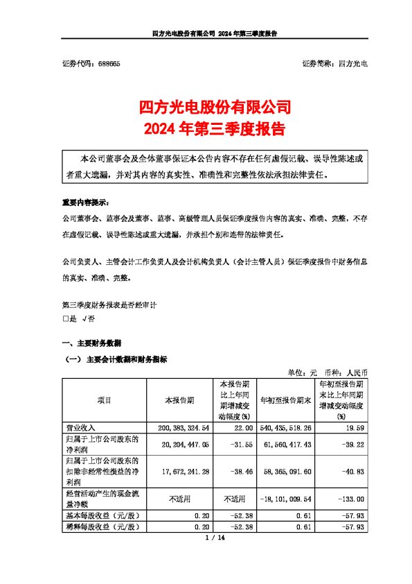 四方光电:四方光电股份有限公司2024年第三季度报告