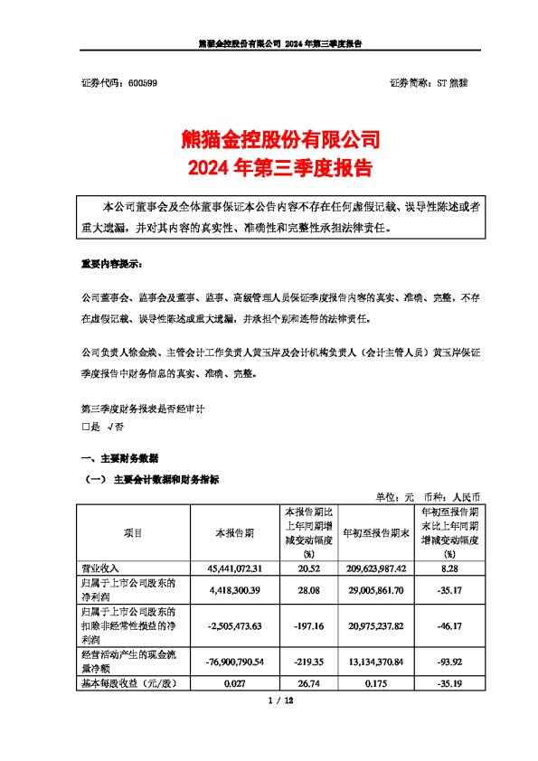 ST熊猫:ST熊猫2024年第三季度报告