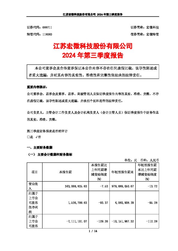宏微科技:江苏宏微科技股份有限公司2024年第三季度报告
