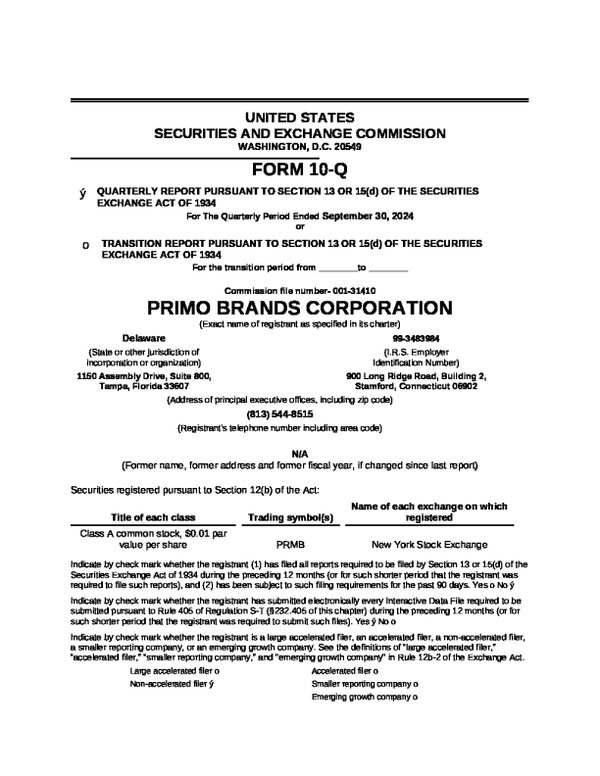 Primo Brands Corp-A 2024年季度报告