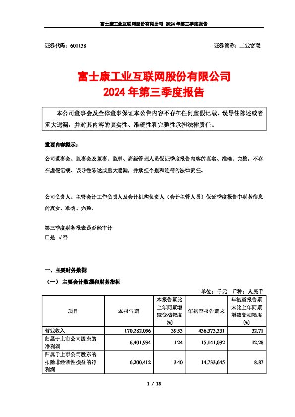 工业富联:富士康工业互联网股份有限公司2024年第三季度报告