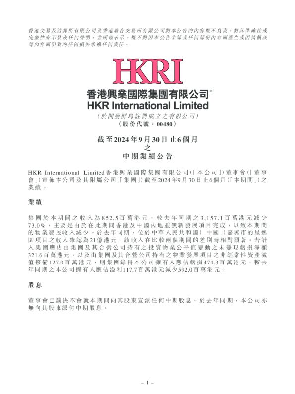 香港兴业国际：截至2024年9月30日止6个月之中期业绩公告