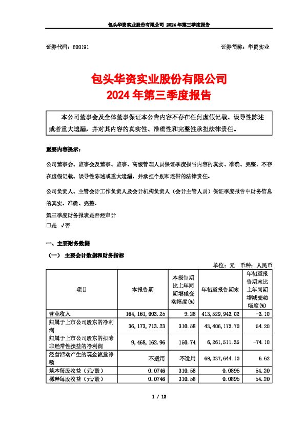 华资实业:华资实业2024年第三季度报告