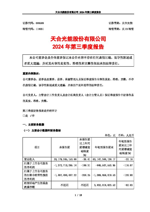 天合光能:天合光能股份有限公司2024年第三季度报告