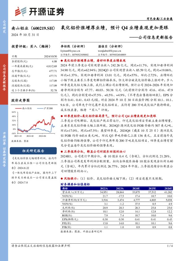 公司信息更新报告：氧化铝价涨增厚业绩，预计Q4业绩表现更加亮眼
