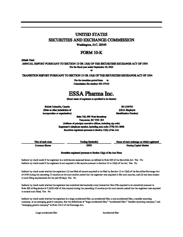 ESSA Pharma Inc 2023年度报告