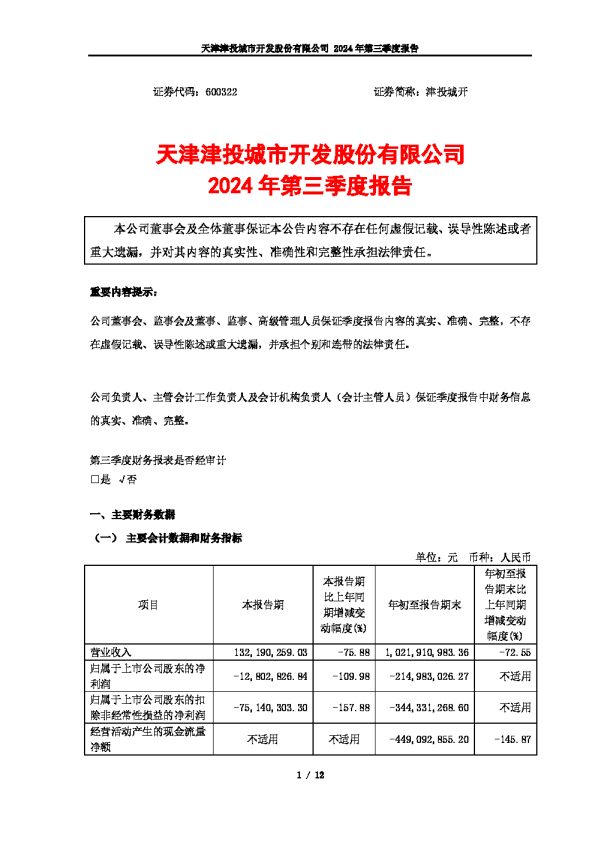 津投城开:津投城开2024年第三季度报告