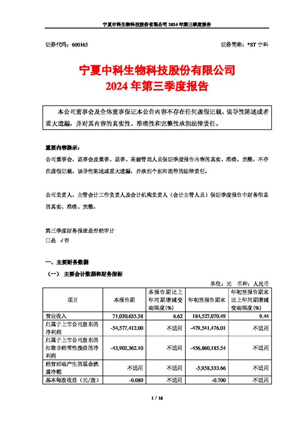 *ST宁科:*ST宁科2024年第三季度报告(2024年12月修订)