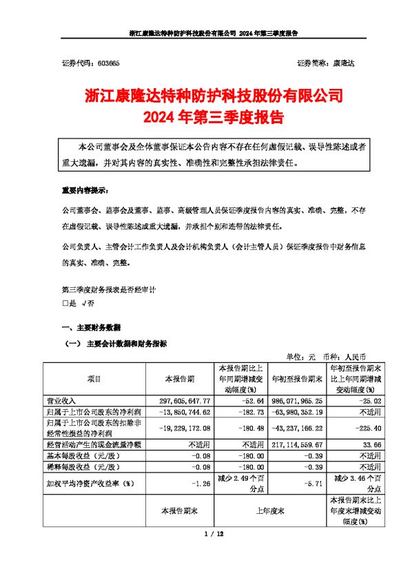 康隆达:康隆达2024年第三季度报告