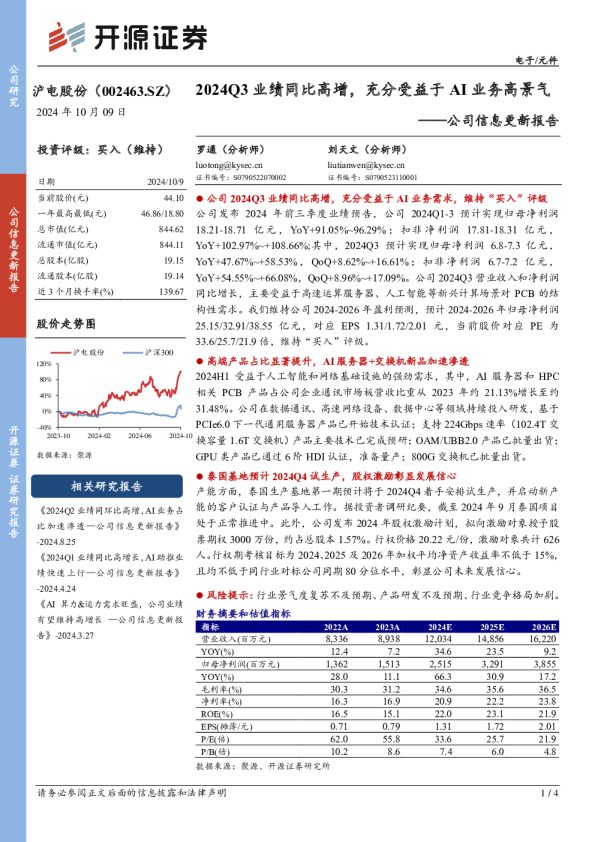公司信息更新报告:2024Q3业绩同比高增,充分受益于AI业务高景气