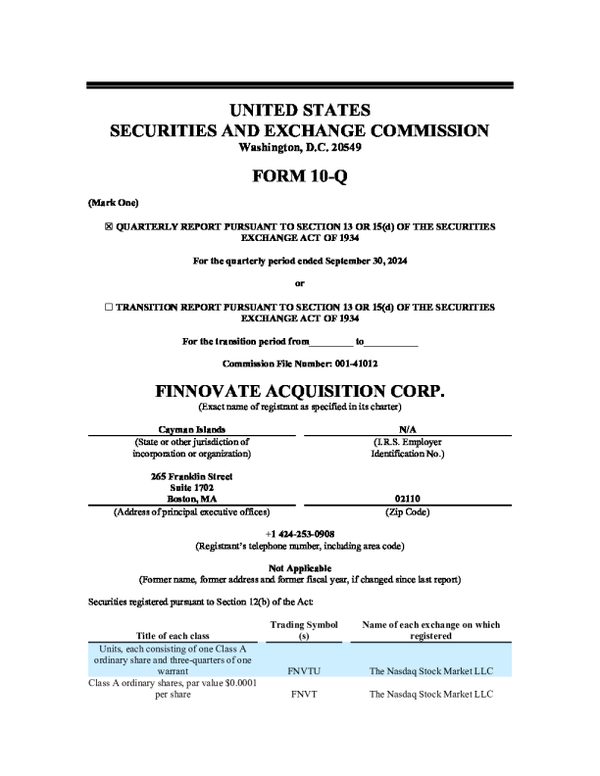 Finnovate Acquisition Corp-A 2024年季度报告