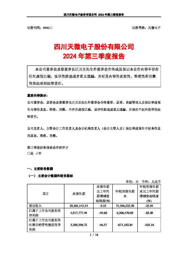 天微电子:2024年第三季度报告