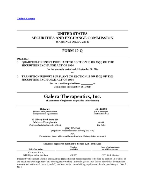 Galera Therapeutics Inc 2024 年年度报告