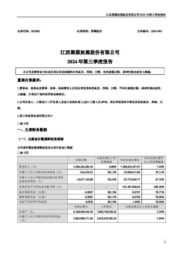 黑猫股份:2024年三季度报告