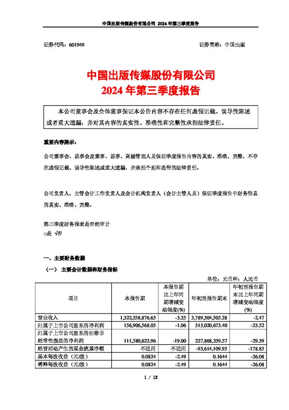 中国出版:中国出版传媒股份有限公司2024年第三季度报告